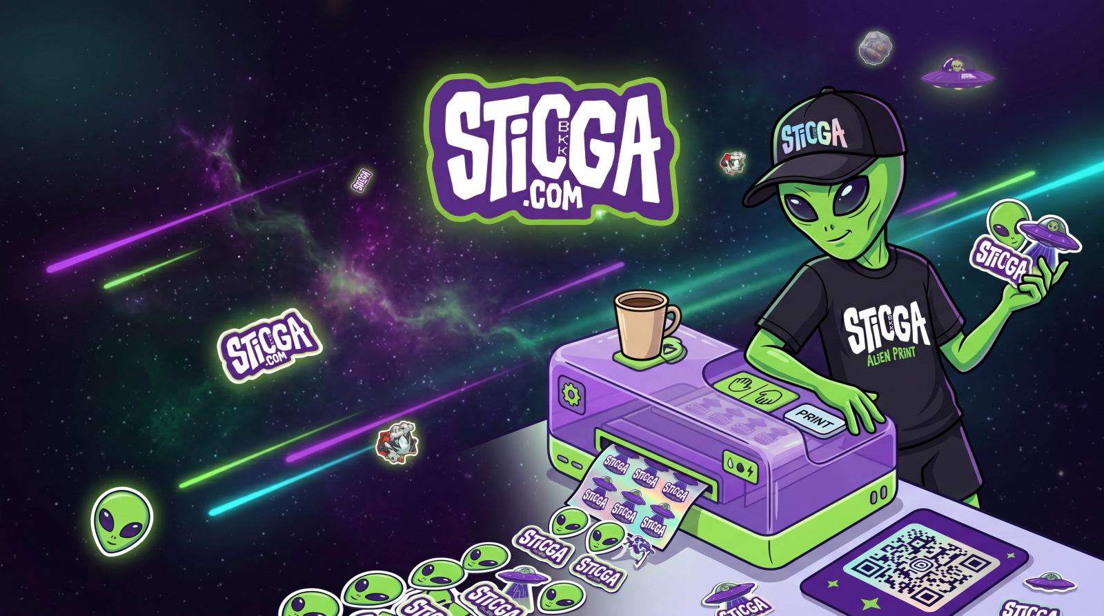 เอเลี่ยน Sticga กำลังปริ้นสติกเกอร์โฮโลแกรมไดคัท ฉากหลังเว็บ | Sticga alien printing holographic die-cut stickers, premium sticker shop Bangkok